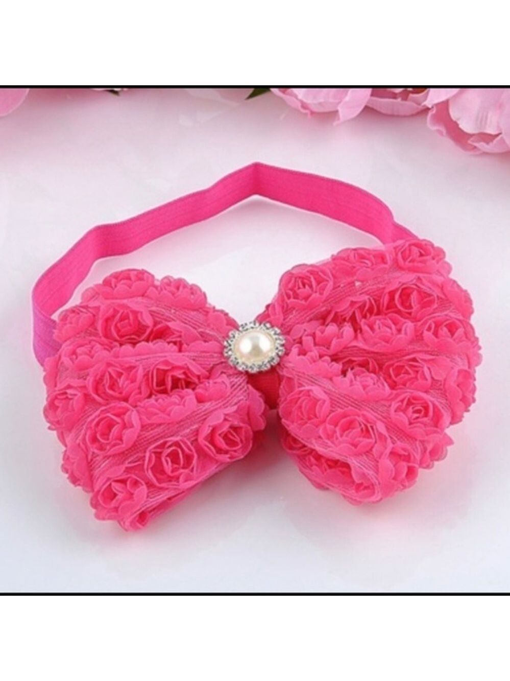 Newborn Pink Ruffle Rhinestone Pearl Headband Bow